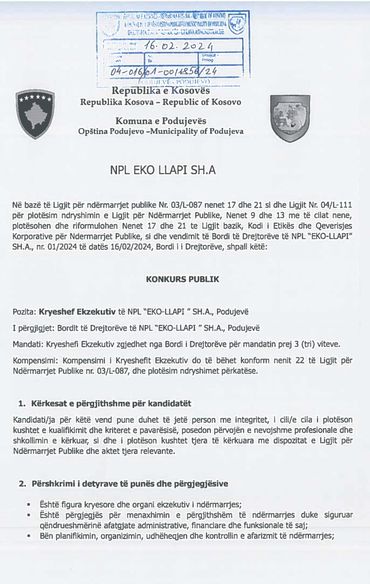 Eko Llapi KONKURS - Komuna Podujeve