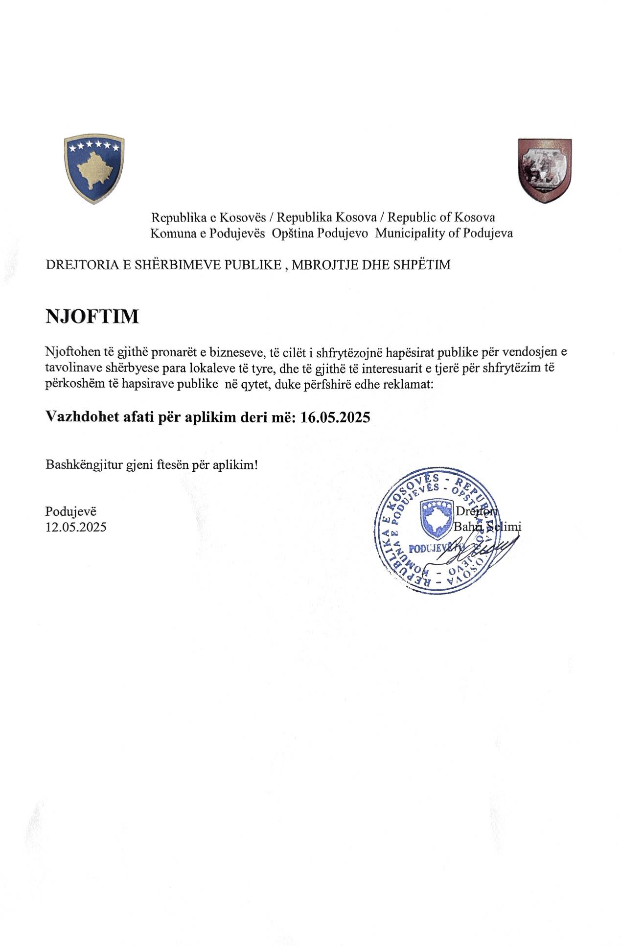 Njoftim nga Drejtoria e Shërbimeve Publike, Mbrojtje dhe Shpëtim