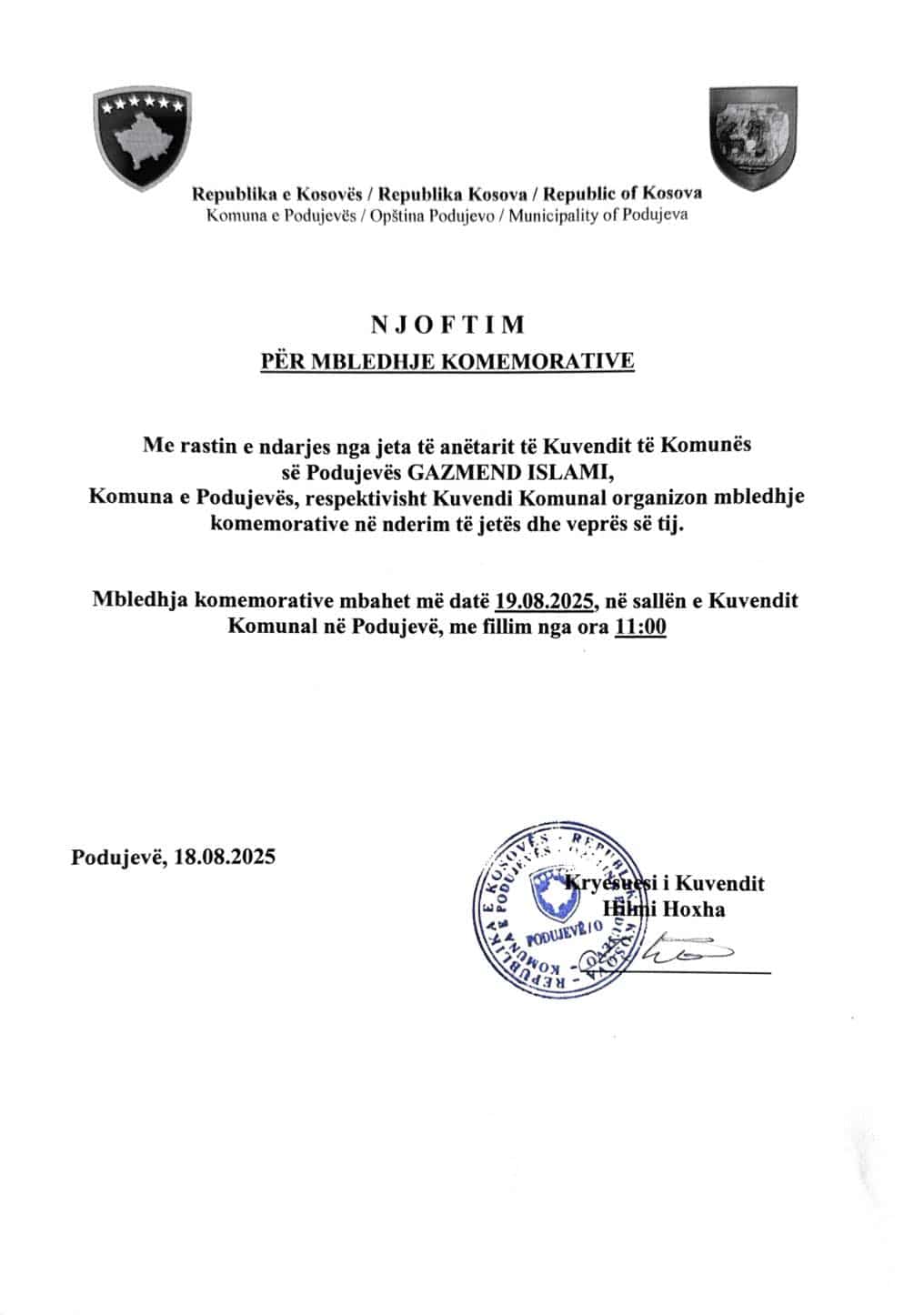 Njoftim për mbledhje komemorative