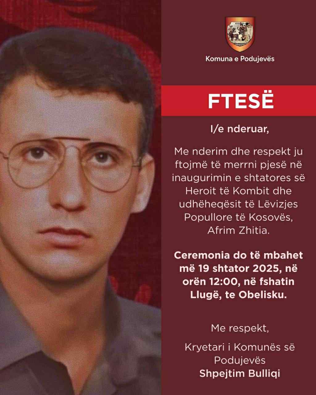 Njoftim: Të premten inaugurohet shtatorja e heroit Afrim Zhitia